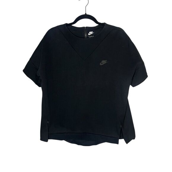 Nike Tech Women’s Large Fleece Short Sleeve Sweatshirt Black Activewear NEW - Picture 2 of 7